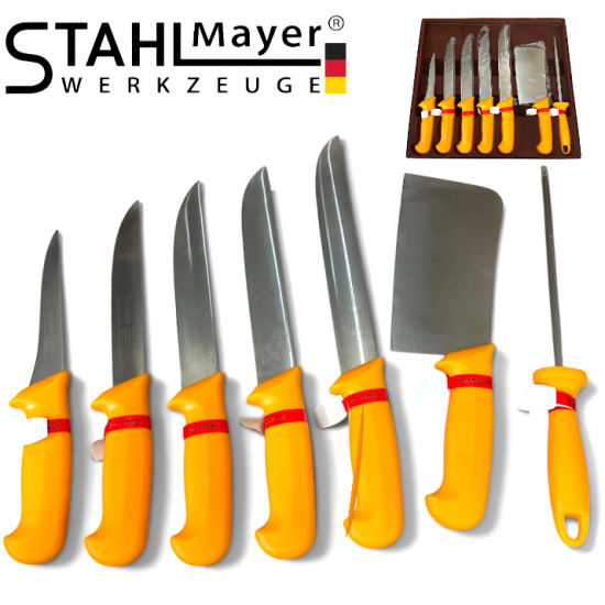 Професионален Комплект Месарски Ножове Сатър и Масат 7 части STAHLMAYER - Exclusive + Точило