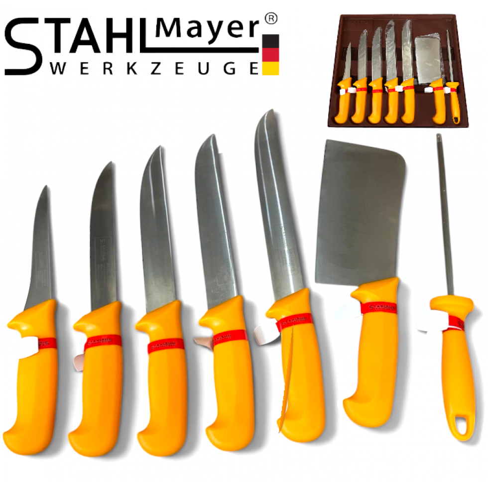 Професионален Комплект Месарски Ножове Сатър и Масат 7 части STAHLMAYER - Exclusive + Точило Професионален Комплект Месарски Ножове Сатър и Масат 7 части STAHLMAYER - Exclusive + Точило