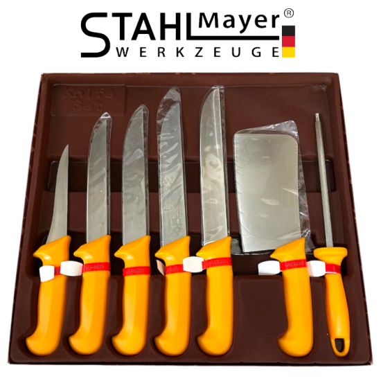 Професионален Комплект Месарски Ножове Сатър и Масат 7 части STAHLMAYER - Exclusive + Точило Професионален Комплект Месарски Ножове Сатър и Масат 7 части STAHLMAYER - Exclusive + Точило