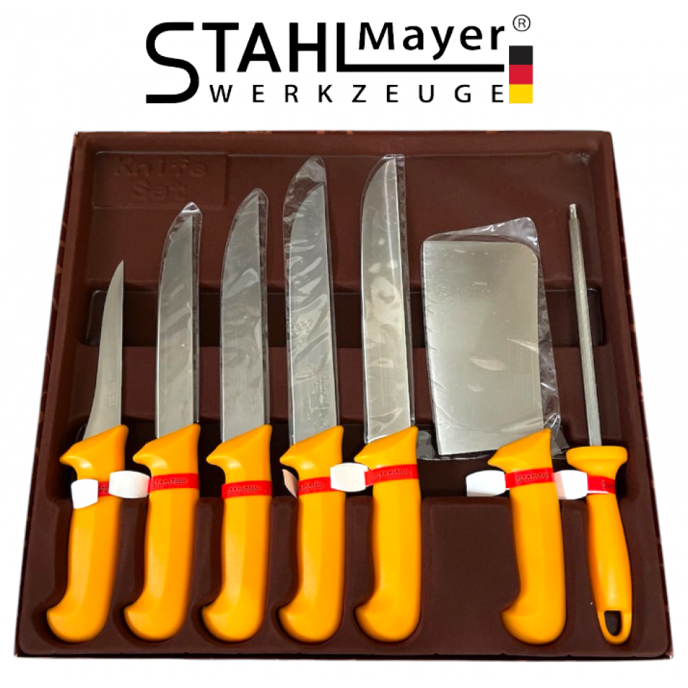 Професионален Комплект Месарски Ножове Сатър и Масат 7 части STAHLMAYER - Exclusive + Точило Професионален Комплект Месарски Ножове Сатър и Масат 7 части STAHLMAYER - Exclusive + Точило