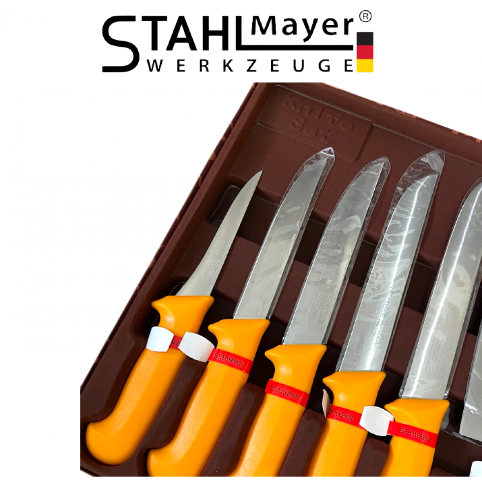 Професионален Комплект Месарски Ножове Сатър и Масат 7 части STAHLMAYER - Exclusive + Точило Професионален Комплект Месарски Ножове Сатър и Масат 7 части STAHLMAYER - Exclusive + Точило