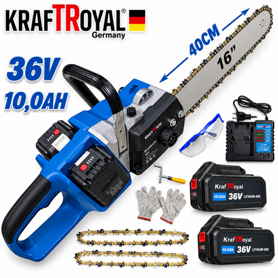 Акумулаторна Резачка за Дърва 36V KRAFT ROYAL 36V 10,0AH 40см шина 2х Батерии 2х Закалени Вериги