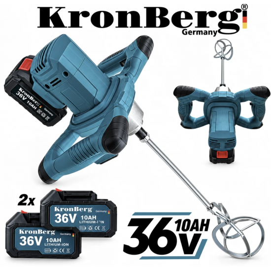 Акумулаторен Mиксер Бъркалка за Бетон Боя и Мазилки Цимент KRONBERG 36V 10AH Акумулаторна Безчеткова Безжична с 2 батерии