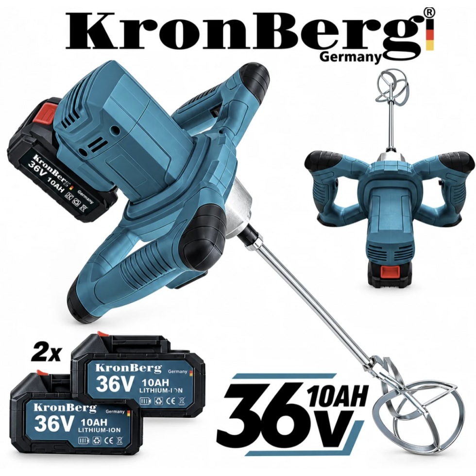 Акумулаторен Mиксер Бъркалка за Бетон Боя и Мазилки Цимент KRONBERG 36V 10AH Акумулаторна Безчеткова Безжична с 2 батерии Акумулаторен Mиксер Бъркалка за Бетон Боя и Мазилки Цимент KRONBERG 36V 10AH Акумулаторна Безчеткова Безжична с 2 батерии