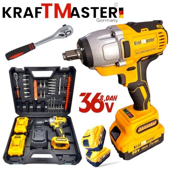 Безчетков Комбиниран Акумулаторен Ударен Гайковерт-Винтоверт KraftMaster 36V 8Ah 850 N/m + 40 части инструменти Безчетков Комбиниран Акумулаторен Ударен Гайковерт-Винтоверт KraftMaster 36V 8Ah 850 N/m + 40 части инструменти