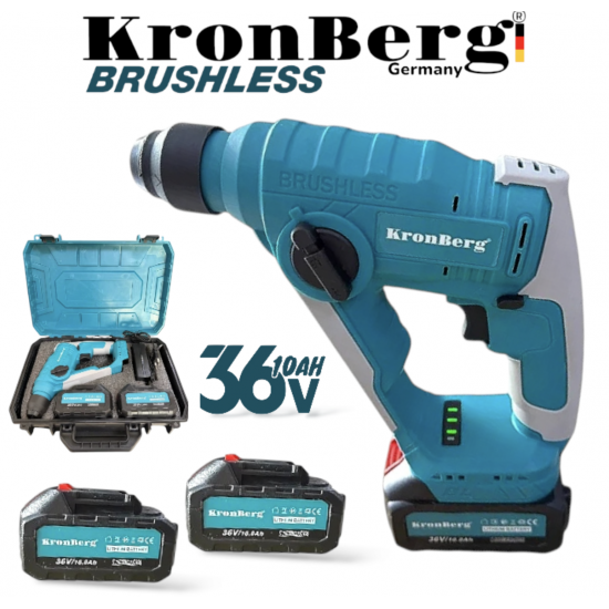 Акумулаторен Професионален Ударен Перфоратор / Бормашина 36V 10AH KRONBERG Мощен и Безчетков с 2 Батерии Зарядно Устройство и Куфар Акумулаторен Професионален Ударен Перфоратор / Бормашина 36V 10AH KRONBERG Мощен и Безчетков с 2 Батерии Зарядно Устройство и Куфар