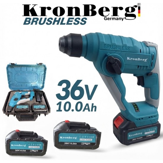 Акумулаторен Професионален Ударен Перфоратор / Бормашина 36V 10AH KRONBERG Мощен и Безчетков с 2 Батерии Зарядно Устройство и Куфар
