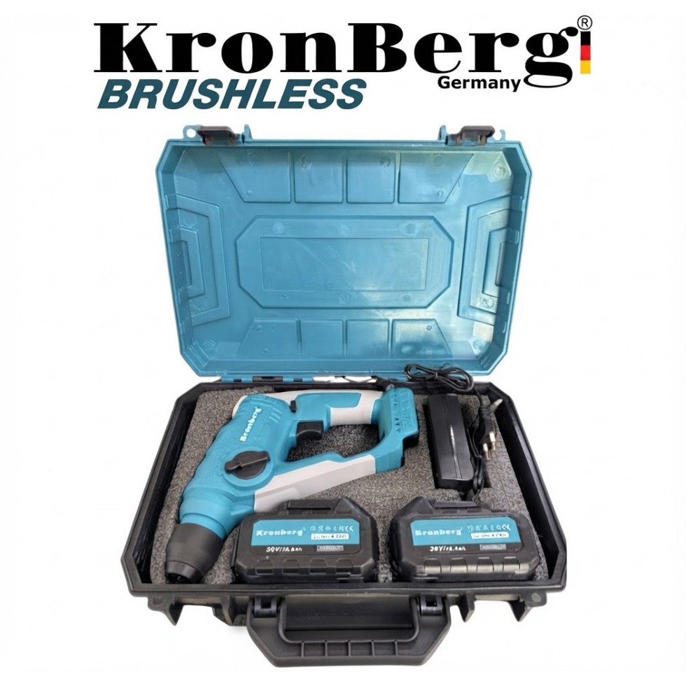 Акумулаторен Професионален Ударен Перфоратор / Бормашина 36V 10AH KRONBERG Мощен и Безчетков с 2 Батерии Зарядно Устройство и Куфар