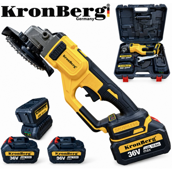 Професионален Акумулаторен Безчетков Ъглошлайф KRONBERG 125мм 36V 10Ah 2 Батерии и Зарядно Устройство в Куфар 