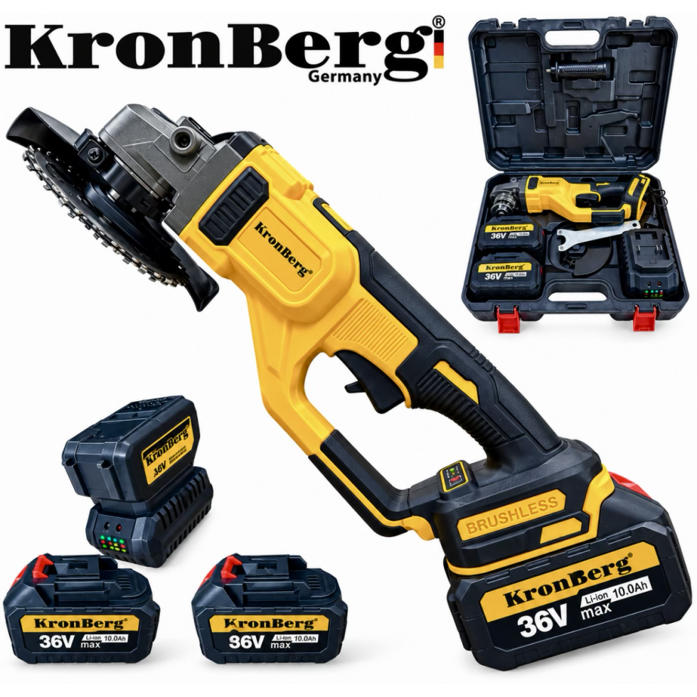 Професионален Акумулаторен Безчетков Ъглошлайф KRONBERG 125мм 36V 10Ah 2 Батерии и Зарядно Устройство в Куфар Професионален Акумулаторен Безчетков Ъглошлайф KRONBERG 125мм 36V 10Ah 2 Батерии и Зарядно Устройство в Куфар