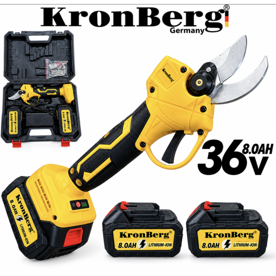 Професионална Акумулаторна Лозарска Ножица 36V 8,0AH KRONBERG 2 Батерии и Куфар