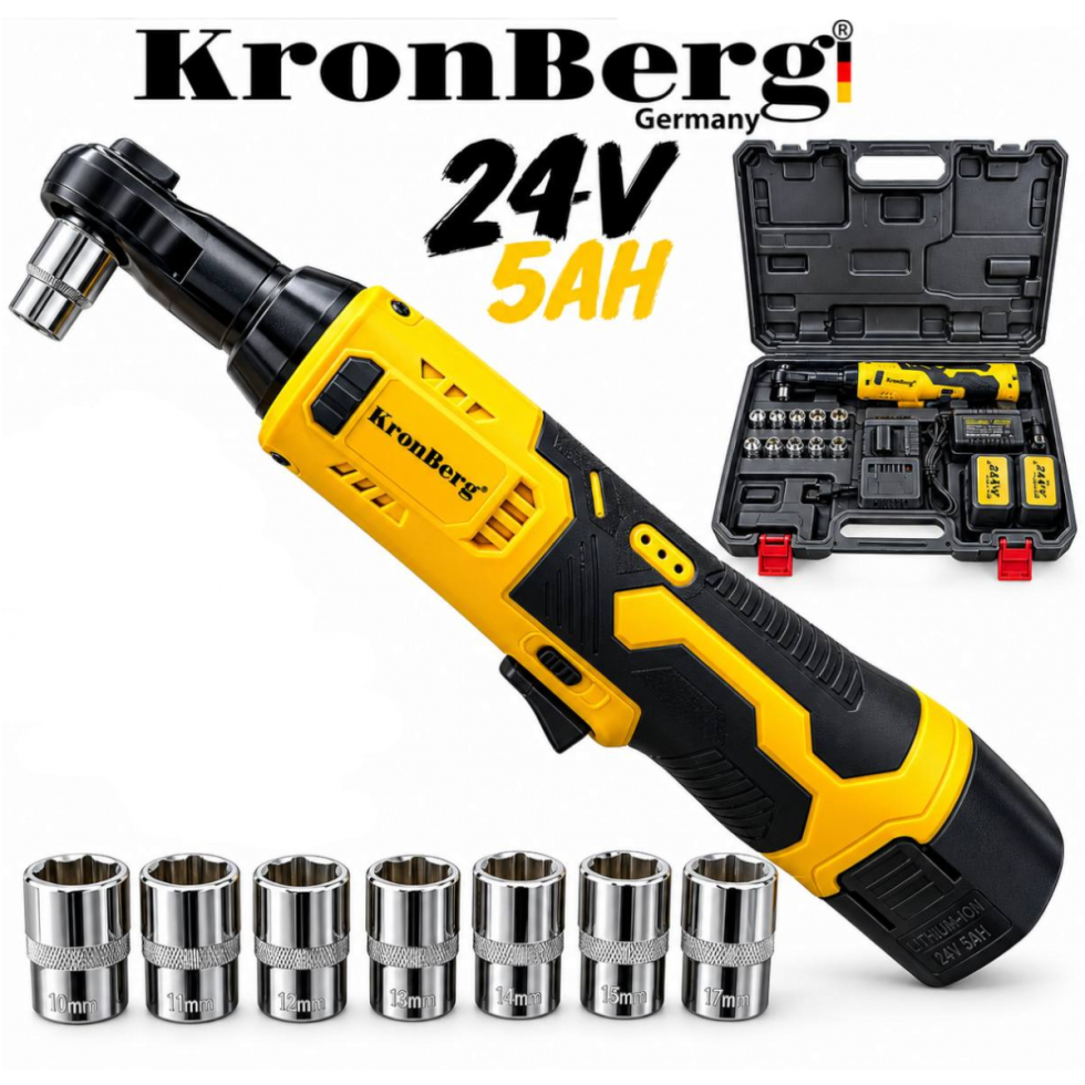 Акумулаторна Безчеткова Тресчотка 24V 5AH 90Nm KRONBERG 2 Батерии и Куфар с комплект вложки Акумулаторна Безчеткова Тресчотка 24V 5AH 90Nm KRONBERG 2 Батерии и Куфар с комплект вложки