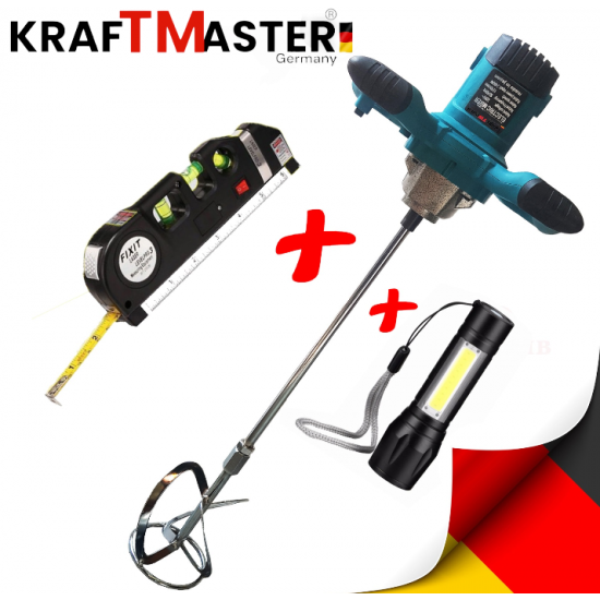 Строителен Миксер 2400W Бъркалка за Бетон KRAFT MASTER + Лазерен Нивелир с Ролетка + USB Фенер Строителен Миксер 2400W Бъркалка за Бетон KRAFT MASTER + Лазерен Нивелир с Ролетка + USB Фенер