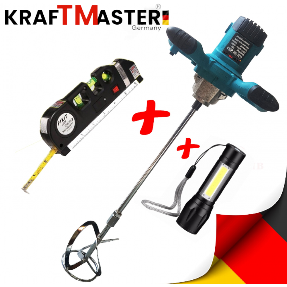 Строителен Миксер 2400W Бъркалка за Бетон KRAFT MASTER + Лазерен Нивелир с Ролетка + USB Фенер Строителен Миксер 2400W Бъркалка за Бетон KRAFT MASTER + Лазерен Нивелир с Ролетка + USB Фенер