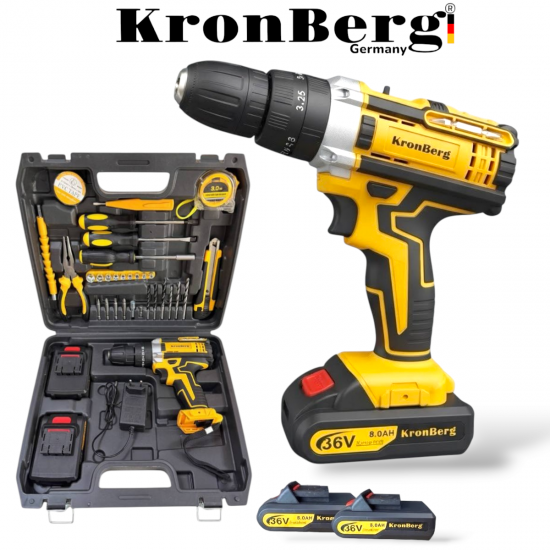 Акумулаторен Безчетков Ударен Винтоверт (Бормашина) KRONBERG 36V 8AH 2 Батерии и Зарядно в Куфар