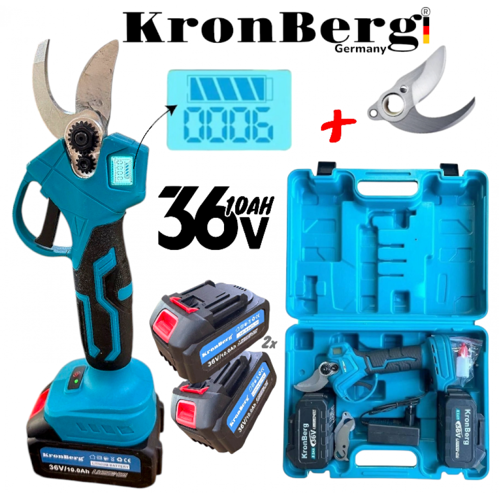 Акумулаторна Лозарска Ножица 33мм 36V 10AH KRONBERG 2 Батерии и Подарък Резервен Нож Акумулаторна Лозарска Ножица 33мм 36V 10AH KRONBERG 2 Батерии и Подарък Резервен Нож