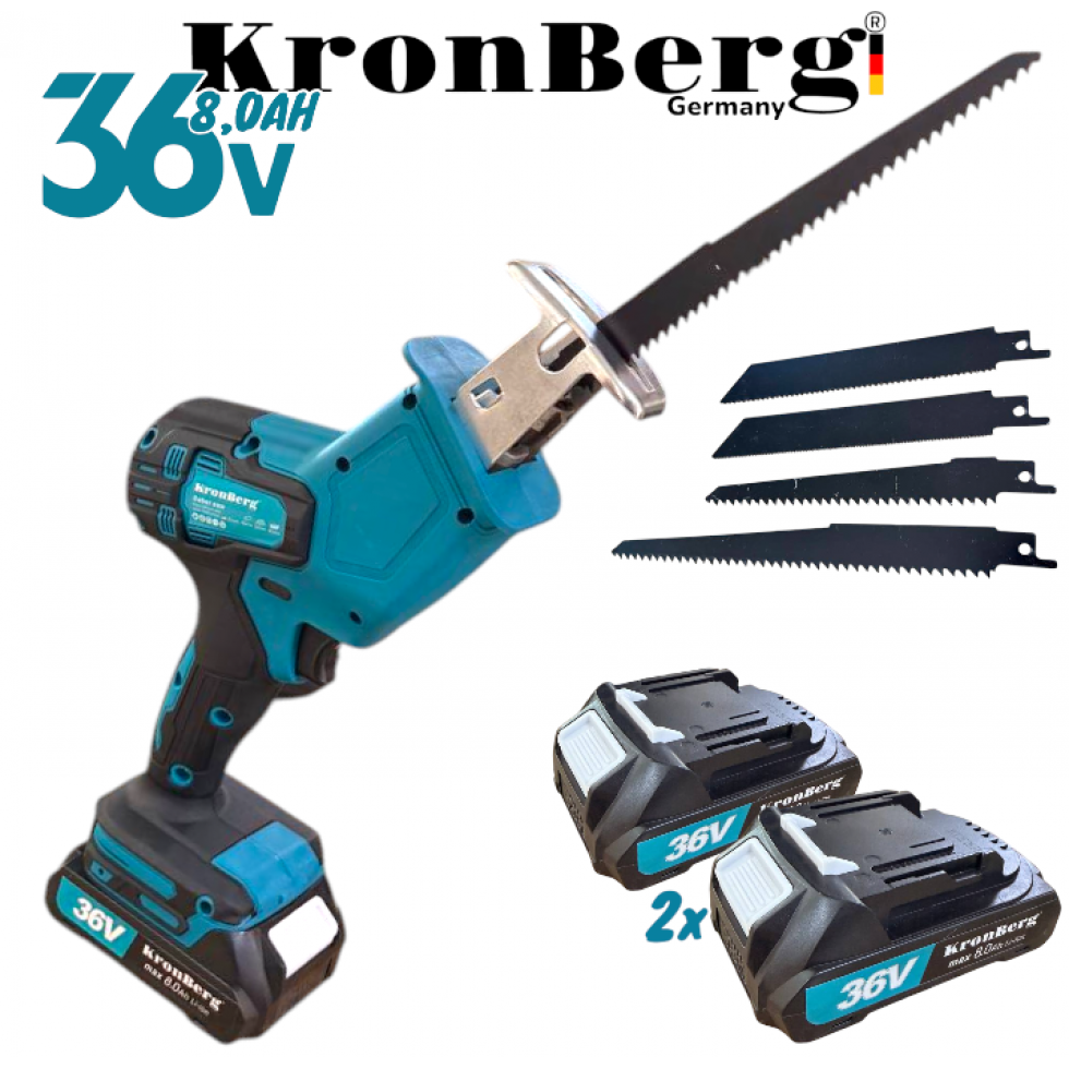 Акумулаторен Мини Безчетков Саблен Трион с 4 Ножа KRONBERG 36V 8,0AH Прав Трион за Месо Дърво Пластмаса Желязо Метал и ДР. 2 Батерии