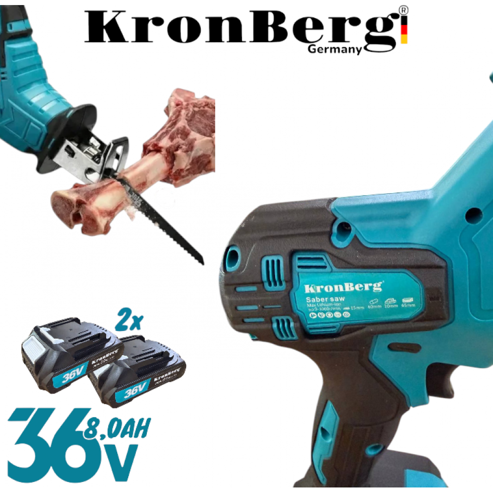 Акумулаторен Мини Безчетков Саблен Трион с 4 Ножа KRONBERG 36V 8,0AH Прав Трион за Месо Дърво Пластмаса Желязо Метал и ДР. 2 Батерии