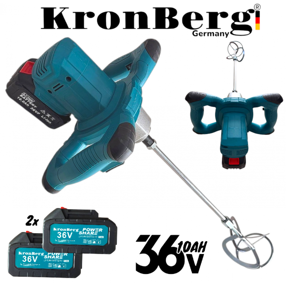 Акумулаторен Mиксер Бъркалка за Бетон Боя и Мазилки Цимент KRONBERG 36V 10AH Безчетков с 2 батерии Акумулаторен Mиксер Бъркалка за Бетон Боя и Мазилки Цимент KRONBERG 36V 10AH Безчетков с 2 батерии