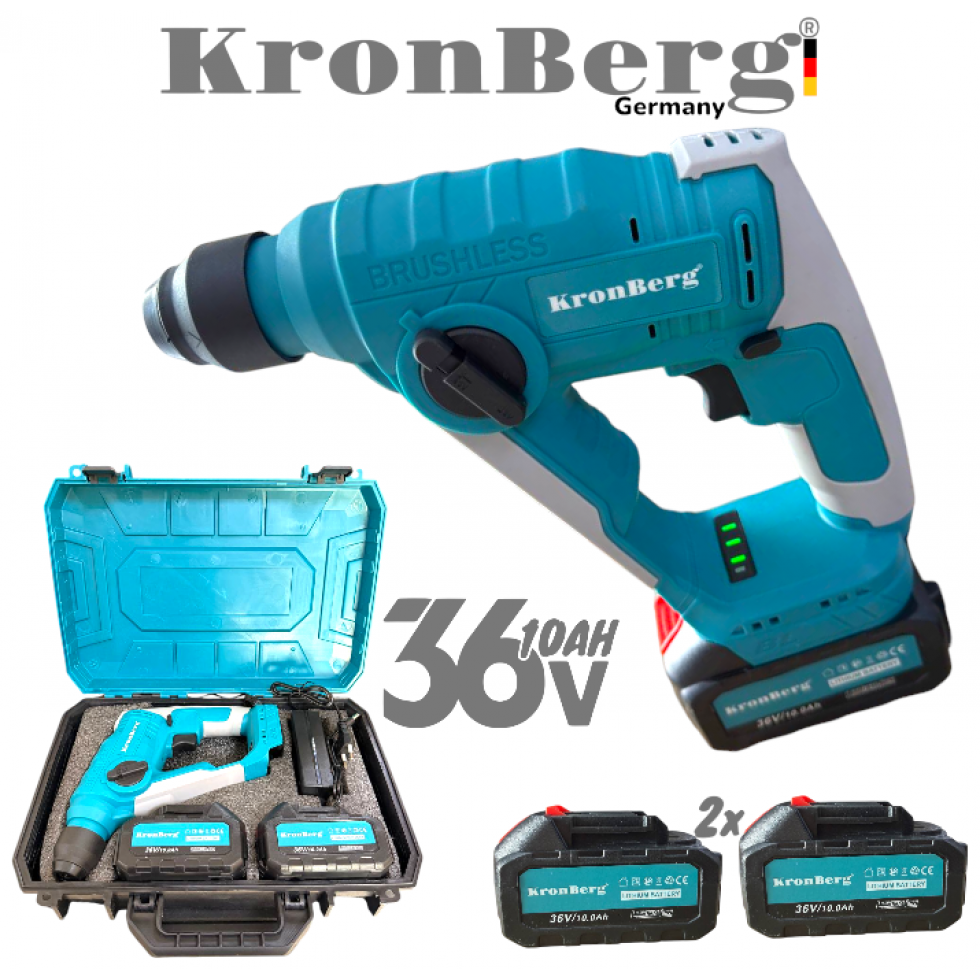 Акумулаторен Професионален Ударен Перфоратор / Бормашина Мини 36V 10AH KRONBERG Мощен и Безчетков с 2 Батерии Зарядно Устройство и Куфар