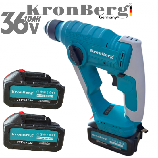 Акумулаторен Професионален Ударен Перфоратор / Бормашина Мини 36V 10AH KRONBERG Мощен и Безчетков с 2 Батерии Зарядно Устройство и Куфар