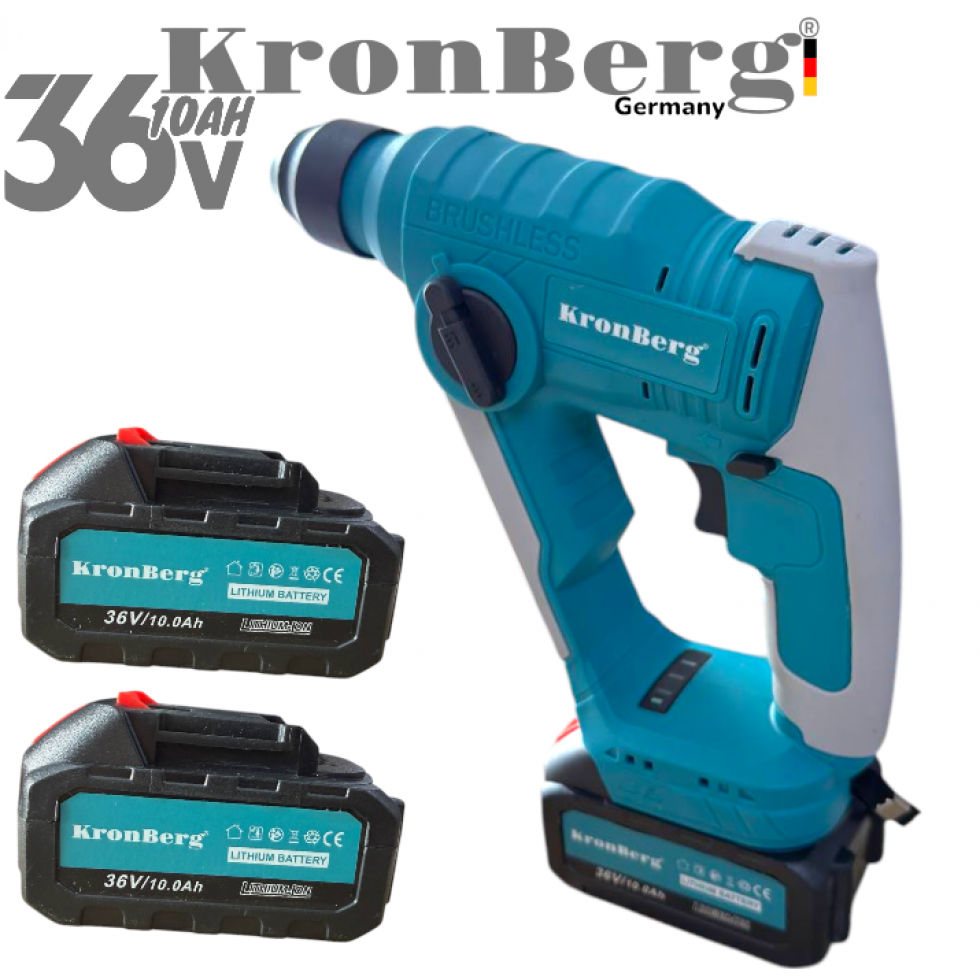 Акумулаторен Професионален Ударен Перфоратор / Бормашина Мини 36V 10AH KRONBERG Мощен и Безчетков с 2 Батерии Зарядно Устройство и Куфар
