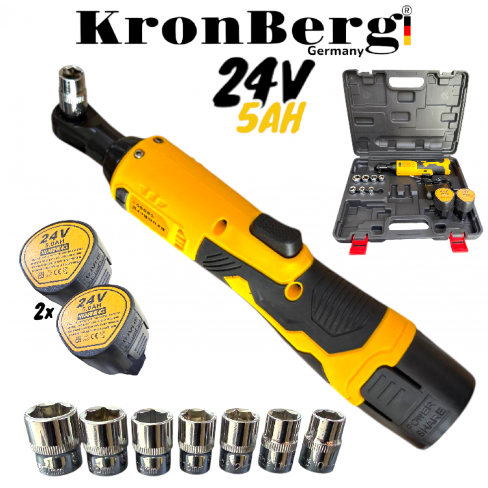 Акумулаторна Безчеткова Тресчотка 24V 5AH 90Nm KRONBERG 2 Батерии и Куфар с комплект вложки