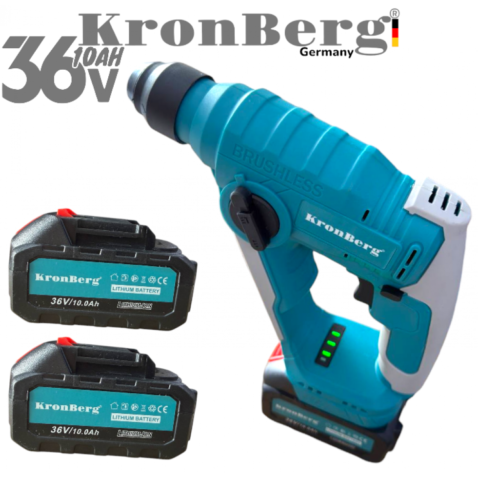 Акумулаторен Професионален Ударен Перфоратор / Бормашина Мини 36V 10AH KRONBERG Мощен и Безчетков с 2 Батерии Зарядно Устройство и Куфар