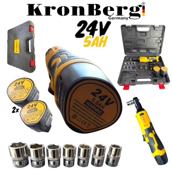 Акумулаторна Безчеткова Тресчотка 24V 5AH 90Nm KRONBERG 2 Батерии и Куфар с комплект вложки Акумулаторна Безчеткова Тресчотка 24V 5AH 90Nm KRONBERG 2 Батерии и Куфар с комплект вложки
