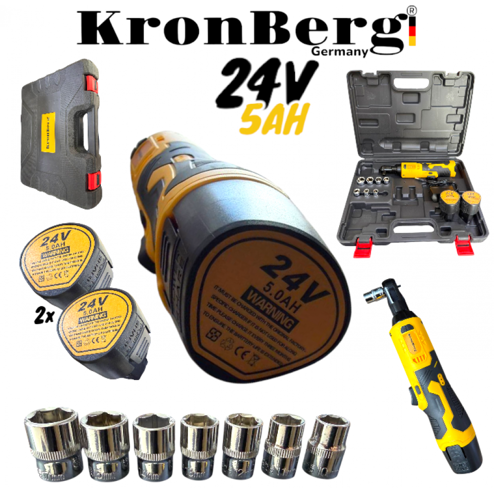 Акумулаторна Безчеткова Тресчотка 24V 5AH 90Nm KRONBERG 2 Батерии и Куфар с комплект вложки