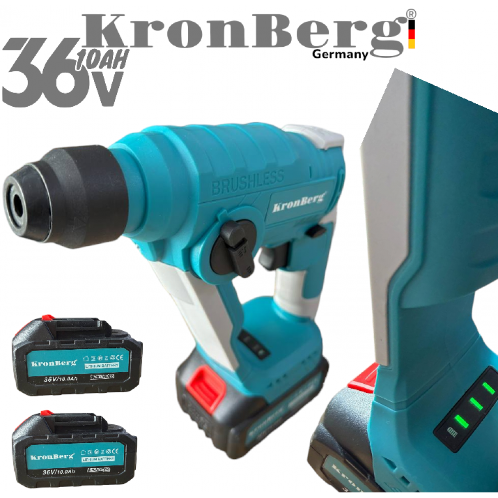 Акумулаторен Професионален Ударен Перфоратор / Бормашина Мини 36V 10AH KRONBERG Мощен и Безчетков с 2 Батерии Зарядно Устройство и Куфар