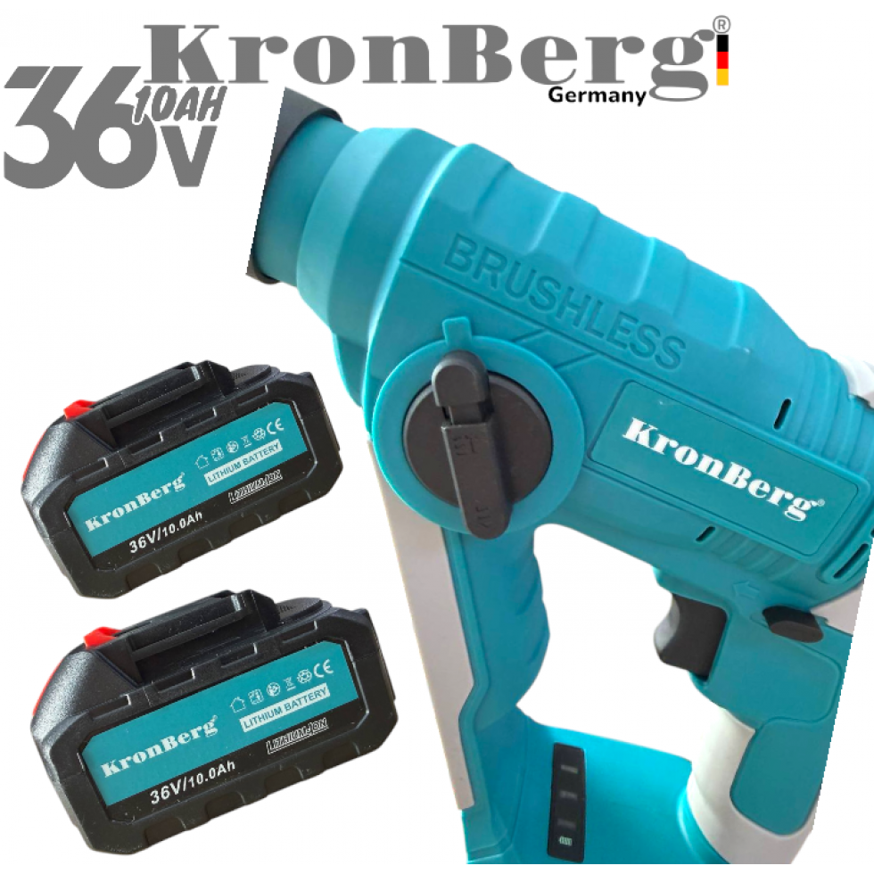 Акумулаторен Професионален Ударен Перфоратор / Бормашина Мини 36V 10AH KRONBERG Мощен и Безчетков с 2 Батерии Зарядно Устройство и Куфар