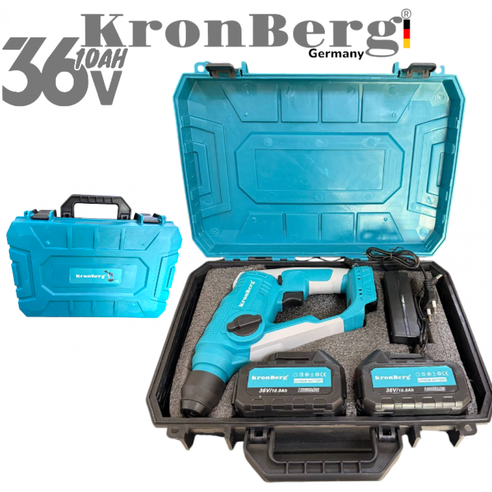Акумулаторен Професионален Ударен Перфоратор / Бормашина Мини 36V 10AH KRONBERG Мощен и Безчетков с 2 Батерии Зарядно Устройство и Куфар