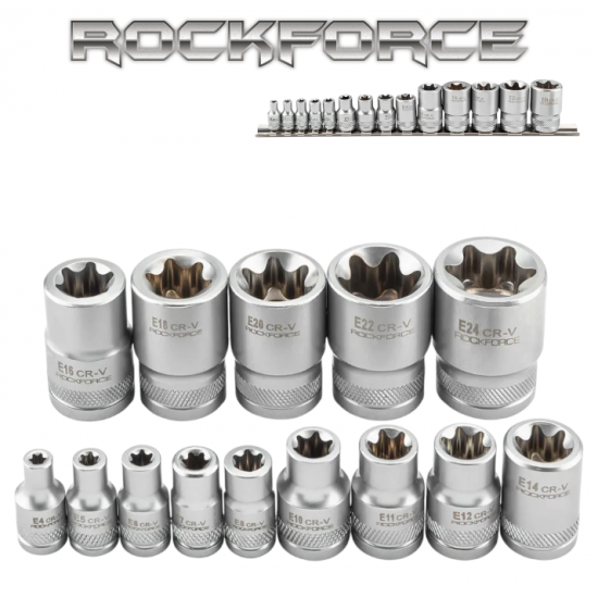 Професионален Комплект Вложки E-Torx 14 части E4–E24 ROCKFORCE