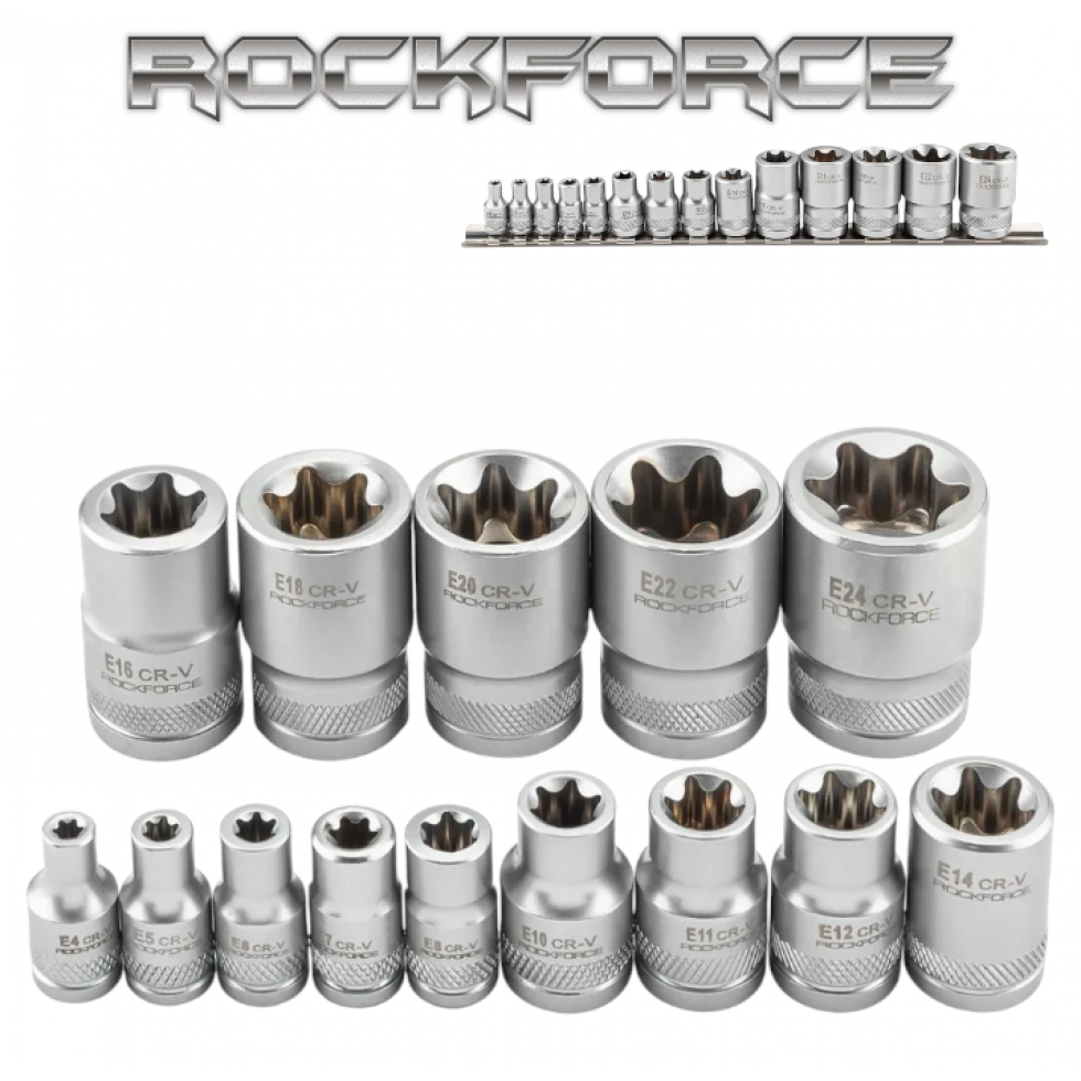 Професионален Комплект Вложки E-Torx 14 части E4–E24 ROCKFORCE