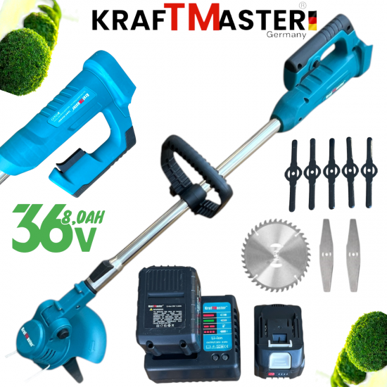 Градински Акумулаторен Тример за Трева Храсторез KRAFT MASTER 36V 8,0AH Косачка за Храсти 2x Батерии 