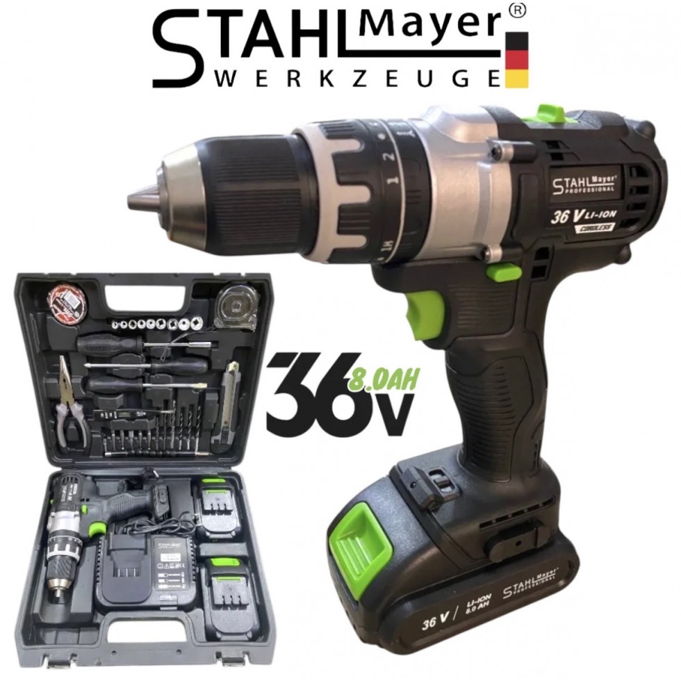 Акумулаторен Винтоверт 36V 8AH STAHLMAYER BLACK Серия + 40 части Инструменти Ударна Бормашина модел 2025 Акумулаторен Винтоверт 36V 8AH STAHLMAYER BLACK Серия + 40 части Инструменти Ударна Бормашина модел 2025