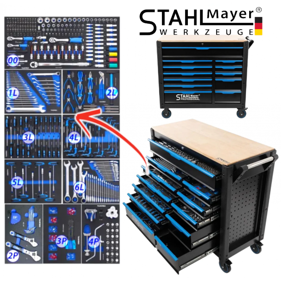 Количка с Инструменти STAHLMAYER JUMBO XXL 501 части Професионален Шкаф с Инструменти 12 чекмеджета