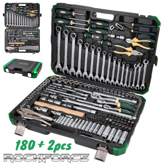 Гедоре Професионално 180 + 2 части 1/4″ 3/8″ 1/2″ Комплект Инструменти с Тресчотки в Куфар ROCK FORCE