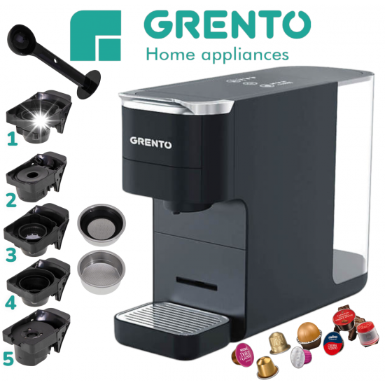 Кафемашина с Капсули и Еспресо GRENTO 5 Адаптора 1.5 литра 20 бара Универсална Машина за Кафе