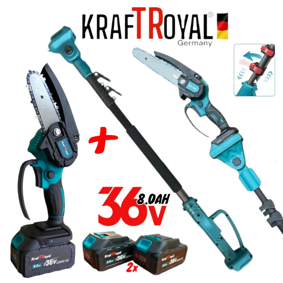 Телескопичен Прът и Акумулаторна Резачка Безчеткова за Клони 36V 8,0AH KRAFTROYAL 2 Батерии Безжичен Верижен Трион