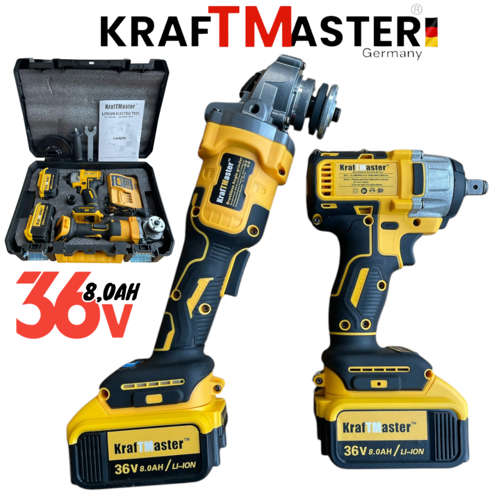 Акумулаторен Гайковерт-Импакт Комбиниран и Ъглошлайф Безчетков 125мм 36V 8,0AH KRAFTROYAL 850Nm 2 Батерии в Куфар
