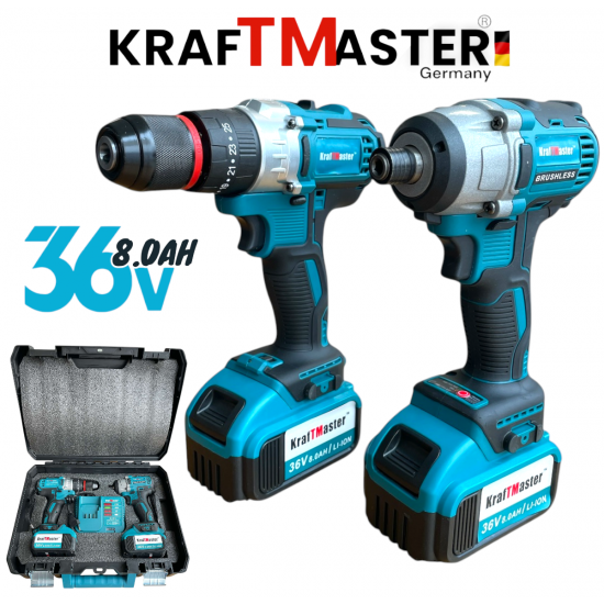 Комплект 2в1 Акумулаторен Винтоверт и Импакт 36V 8Ah KRAFTMASTER 2 Батерии в КУФАР 