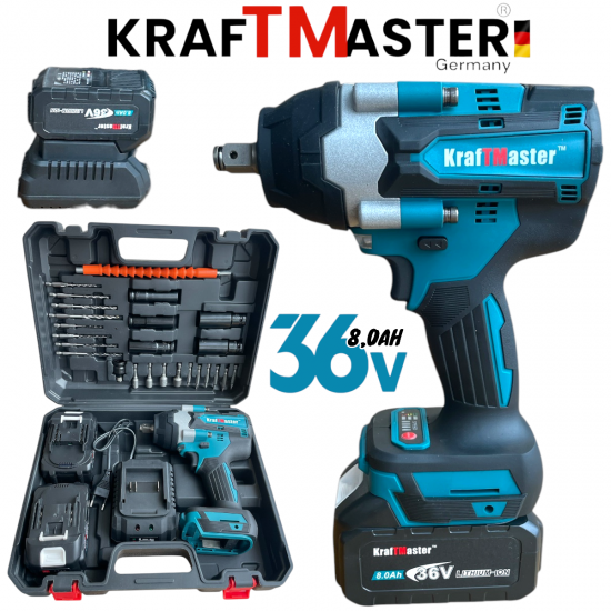 Голям Безчетков Акумулаторен Ударен Гайковерт-Импакт Винтоверт 1/2 36V 8,0AH с 25 части в Куфар KRAFTMASTER 
