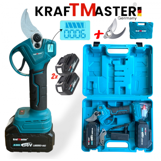 Лозарска Акумулаторна Ножица KRAFTMASTER 33мм с Две Батерии и Подарък Резервен Нож