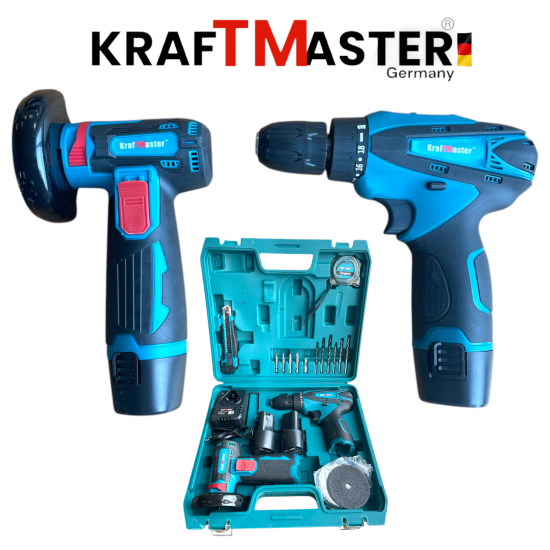 Акумулаторен Ъглошлайф 76мм и Двускоростен Винтоверт KRAFT MASTER 24V 6AH + 2 Броя батерии и Зарядно Накрайници и Дискове  