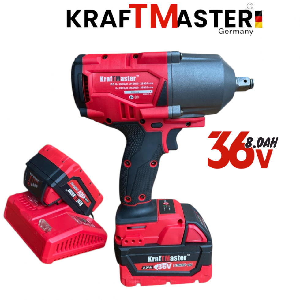 Голям Акумулаторен Гайковерт 1/2 36V 8Ah KRAFTMASTER с 25 части 2 Батерии и Зарядно в Куфар