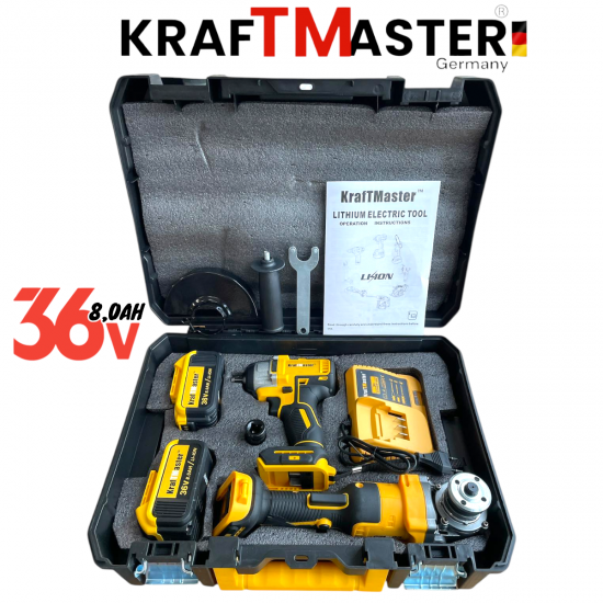 Акумулаторен Гайковерт-Импакт Комбиниран и Ъглошлайф Безчетков 125мм 36V 8,0AH KRAFTROYAL 850Nm 2 Батерии в Куфар