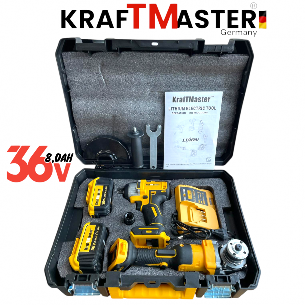 Акумулаторен Гайковерт-Импакт Комбиниран и Ъглошлайф Безчетков 125мм 36V 8,0AH KRAFTROYAL 850Nm 2 Батерии в Куфар