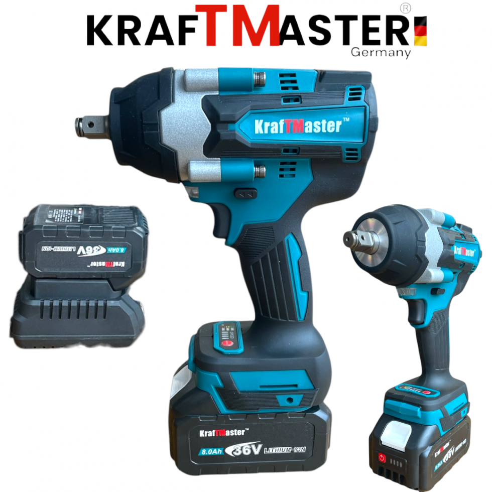Голям Безчетков Акумулаторен Ударен Гайковерт-Импакт Винтоверт 1/2 36V 8,0AH с 25 части в Куфар KRAFTMASTER 